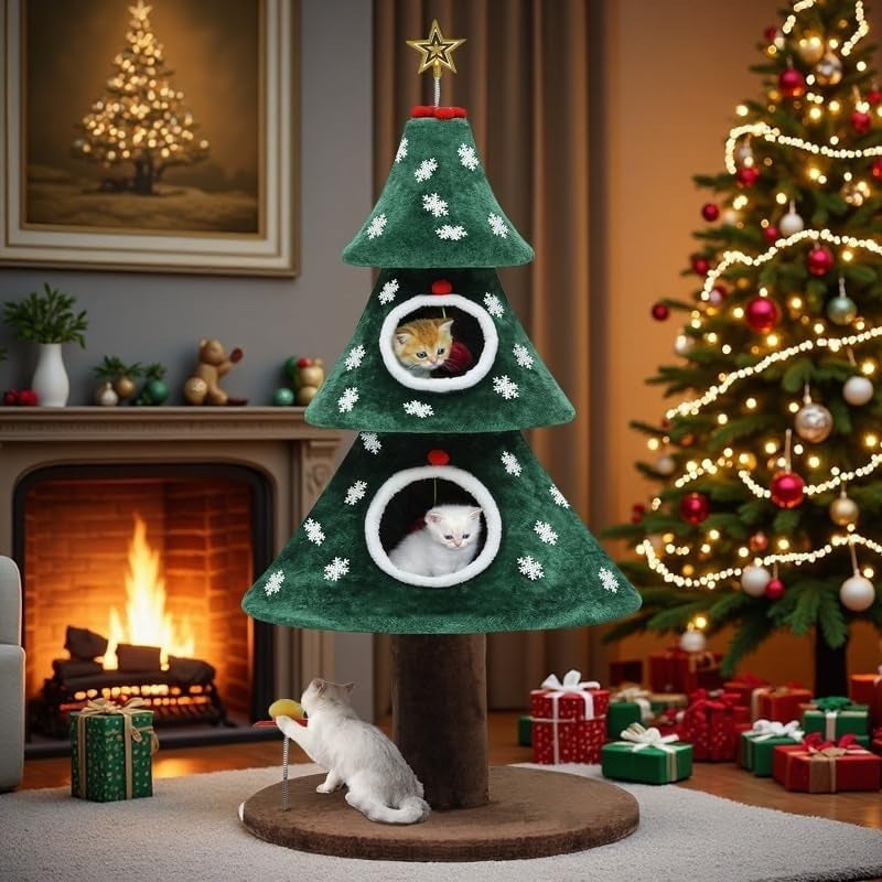 Green Christmas cat tree with two round cat-bed openings and a plush teaser toy