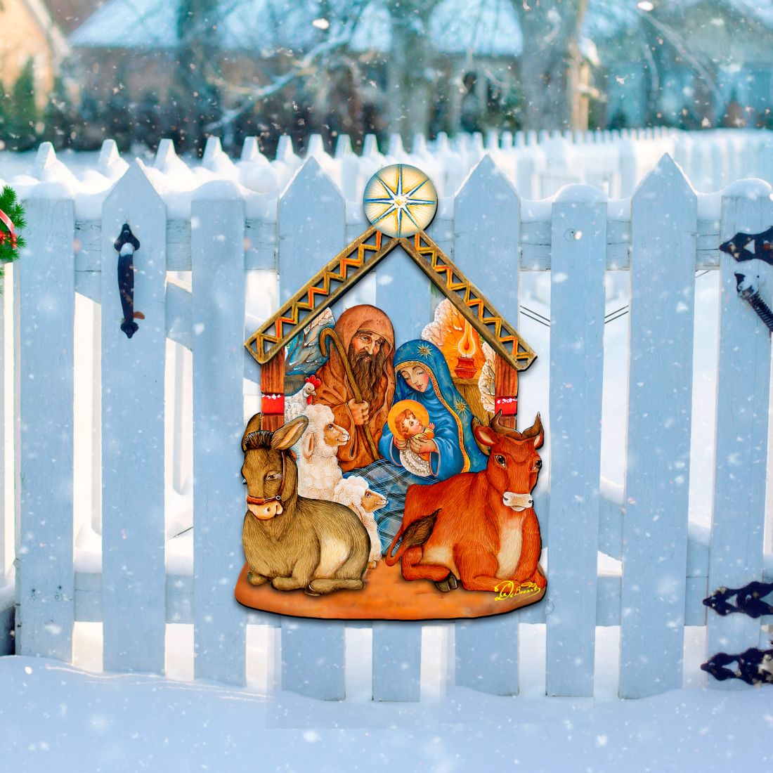 Nativity wooden door decor with manger scene, Mary and Joseph, donkey and cow, and star