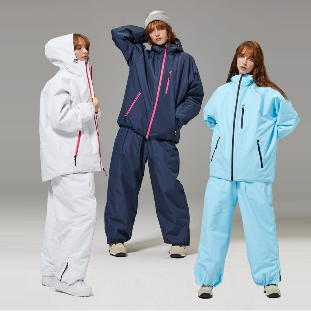 Unisex ski suit set in white, navy, and light blue; hooded jacket with loose pants