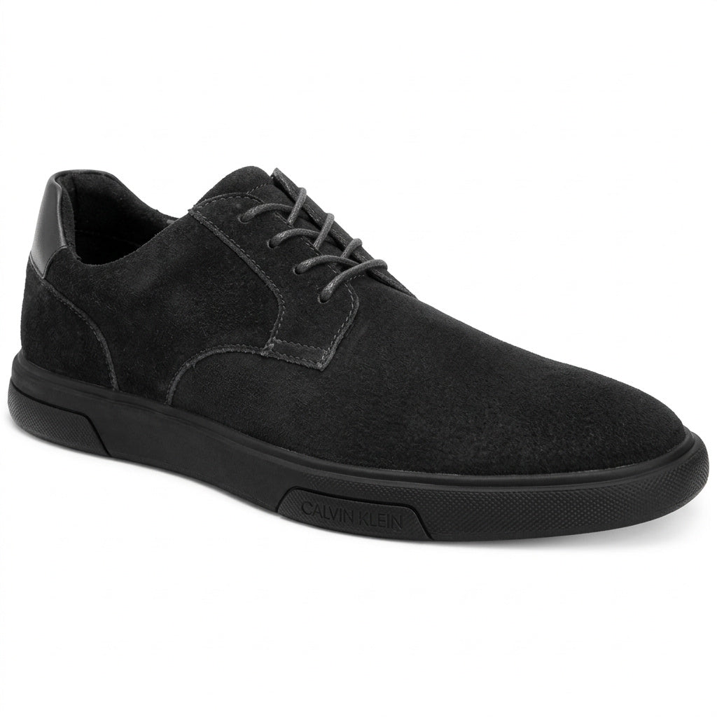 Calvin Klein men's black suede lace-up oxford shoes, angled side view, textured sole