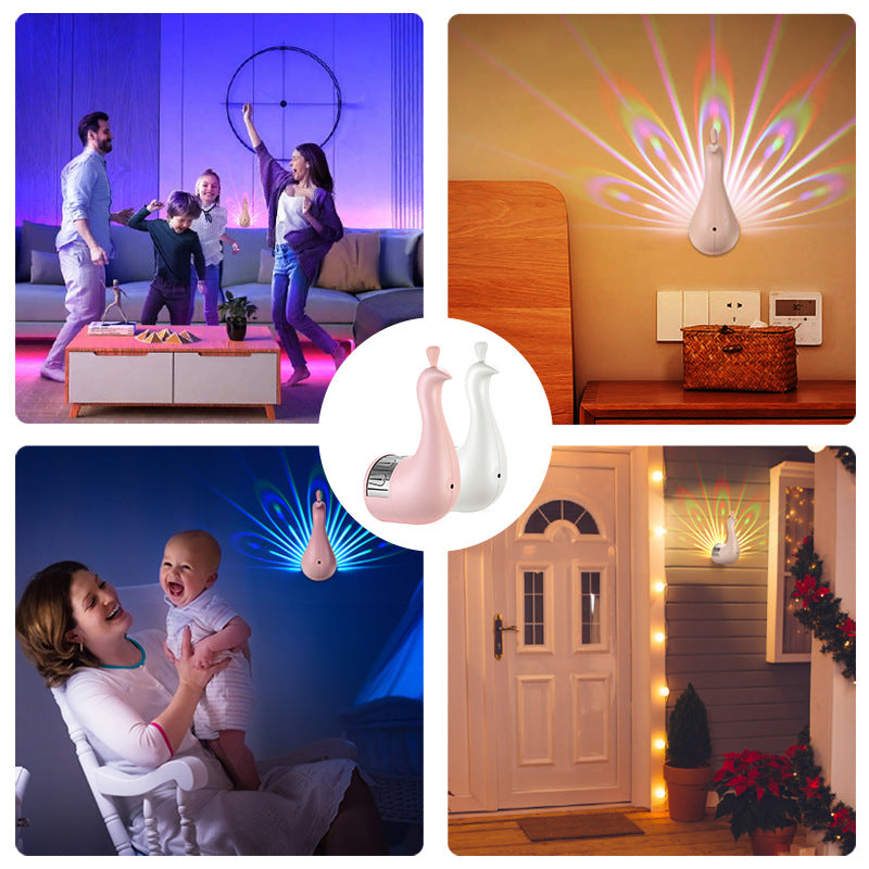 White peacock wall lamp glowing with multicolor light rays in room scenes