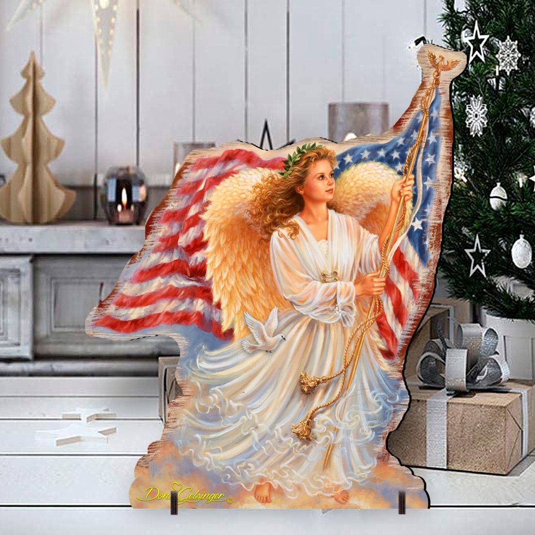 Freedom Angel outdoor decor cutout with trumpet, gold halo, and striped American flag