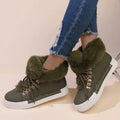Green fuzzy-trim lace-up ankle boots with padded collar and gold eyelets