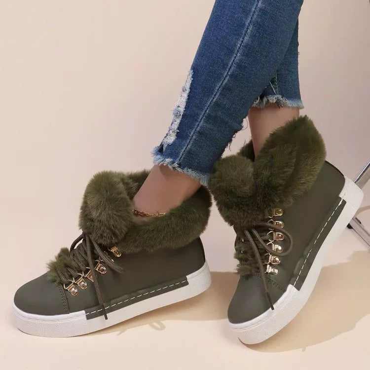 Green fuzzy-trim lace-up ankle boots with padded collar and gold eyelets
