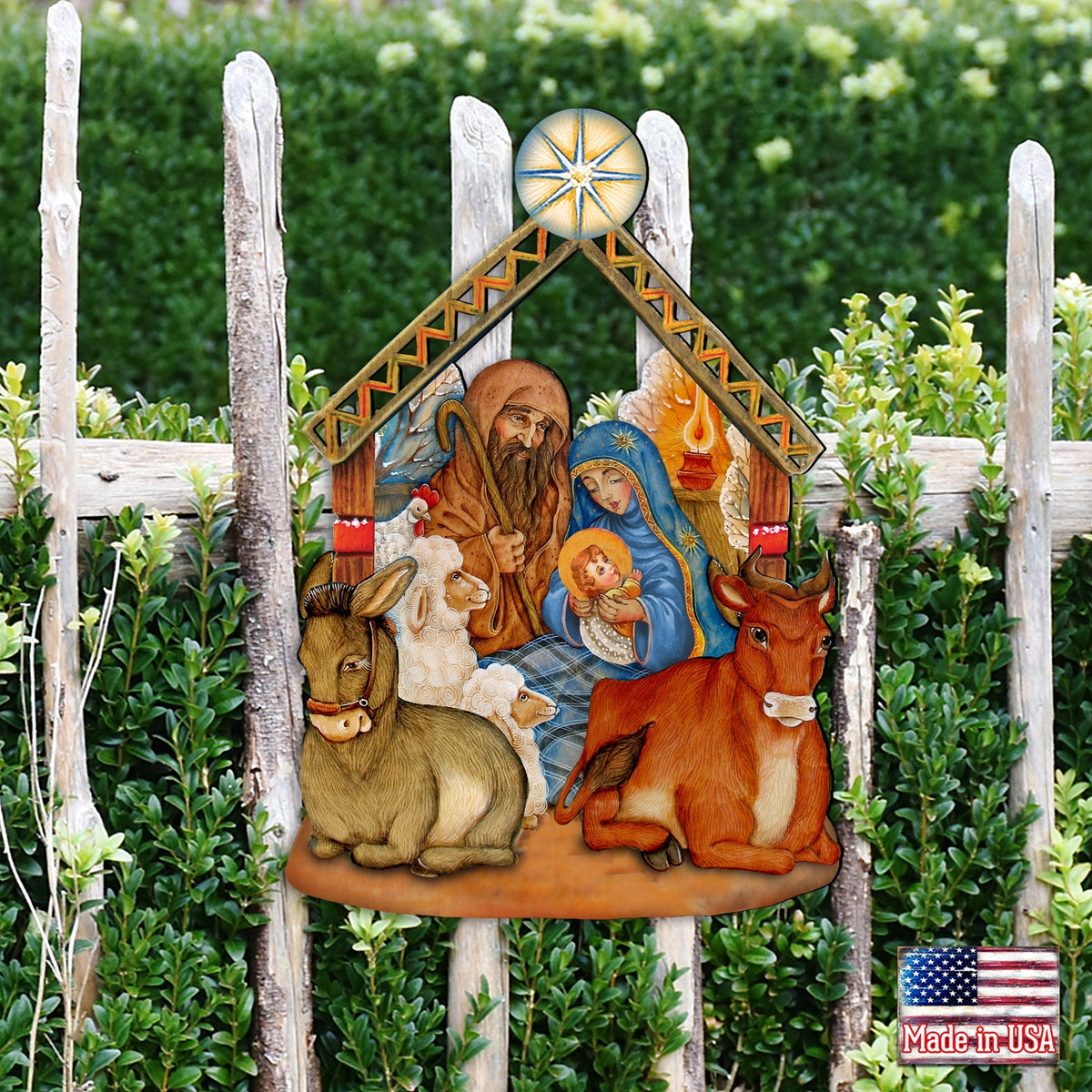 Nativity wooden door decor with manger scene, donkey and cow, Mary and baby, and star topper