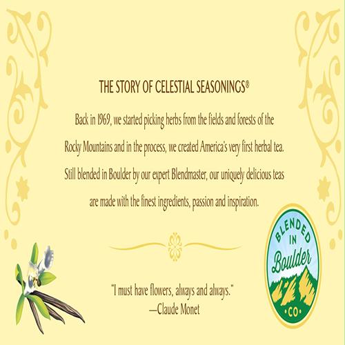 Celestial Seasonings tea box back panel with story text and blended in Boulder badge