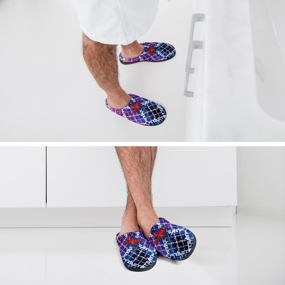 Cotton slippers worn by model, blue and purple graphic uppers, black soles