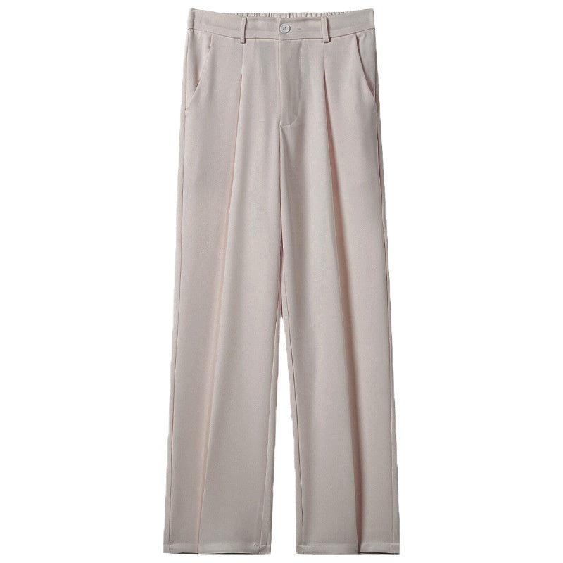 Beige straight suit trousers with belt loops, pleated front, and button closure