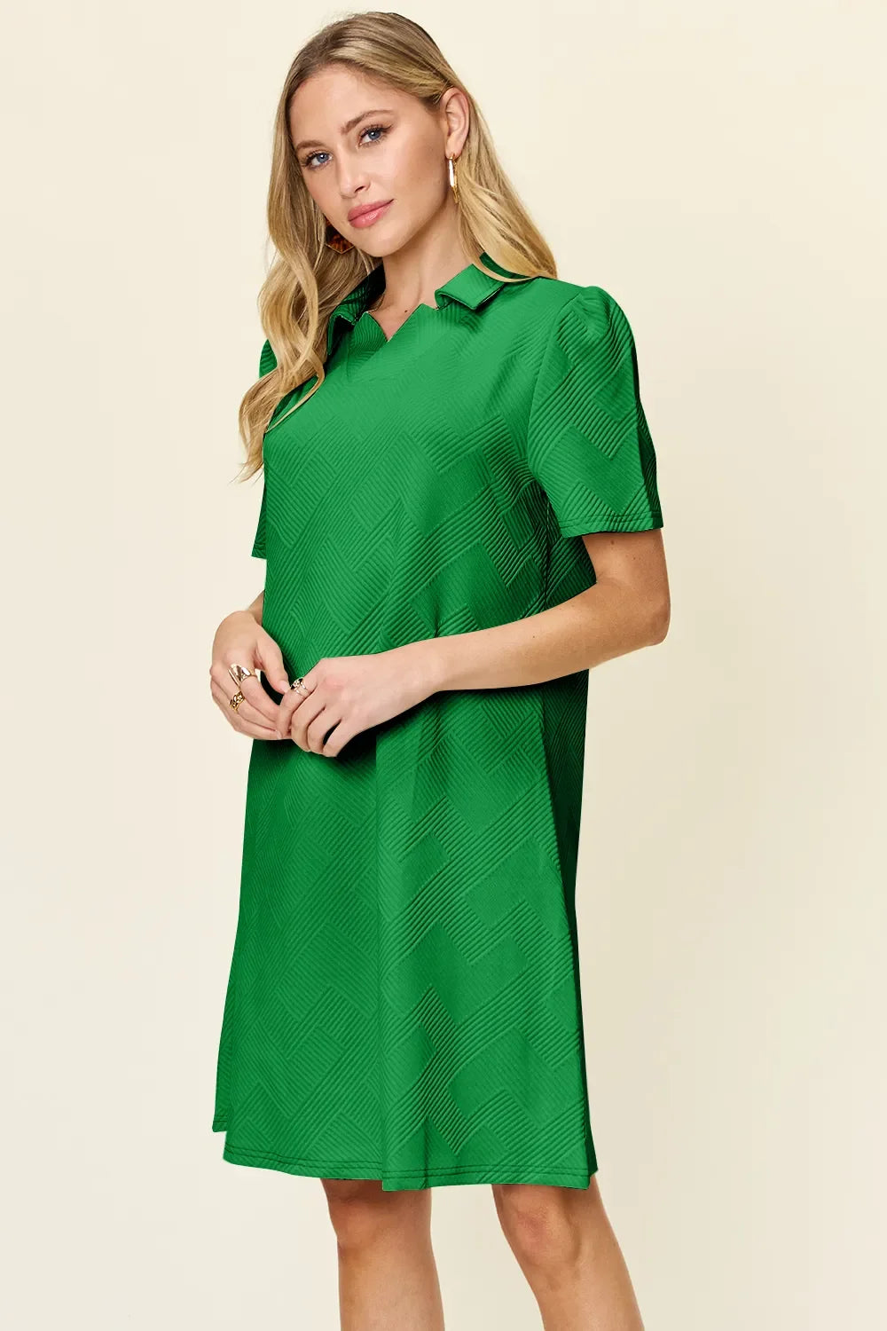 Green textured collared short-sleeve dress, front view, above-knee length