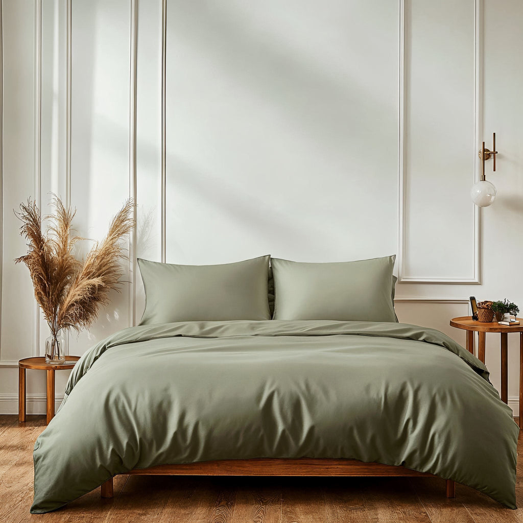 Moss green sateen bedding bundle with duvet and two matching pillow shams on a bed