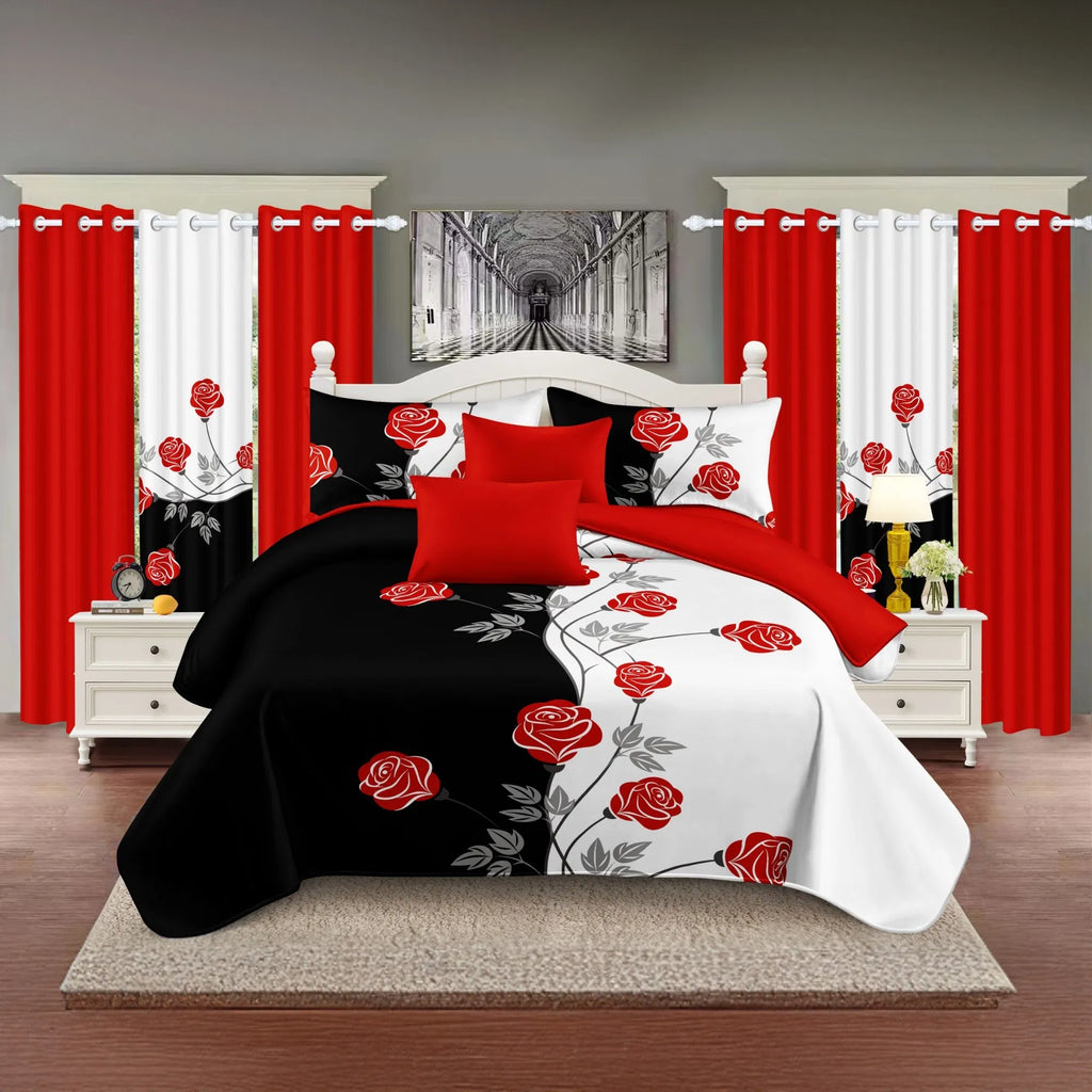 9-Piece Red Rose Bedding & Curtain Set - Quilted Microfiber Bedspread + Sheer Curtains