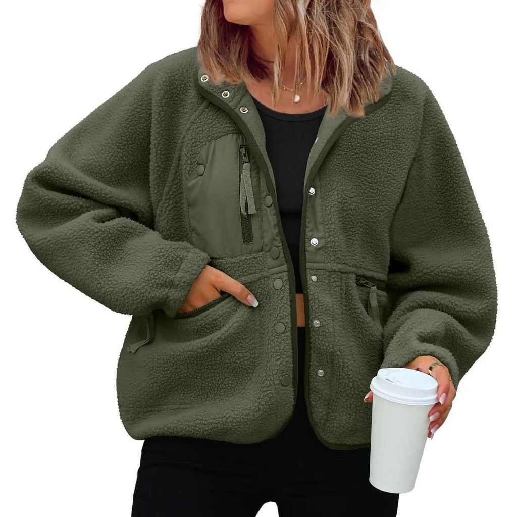 Army green polar fleece sweater jacket with snap buttons, front pockets, and drawstring cord.