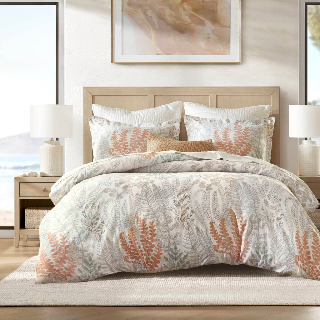 Cotton duvet cover and shams set with botanical leaf print, white with terracotta and gray