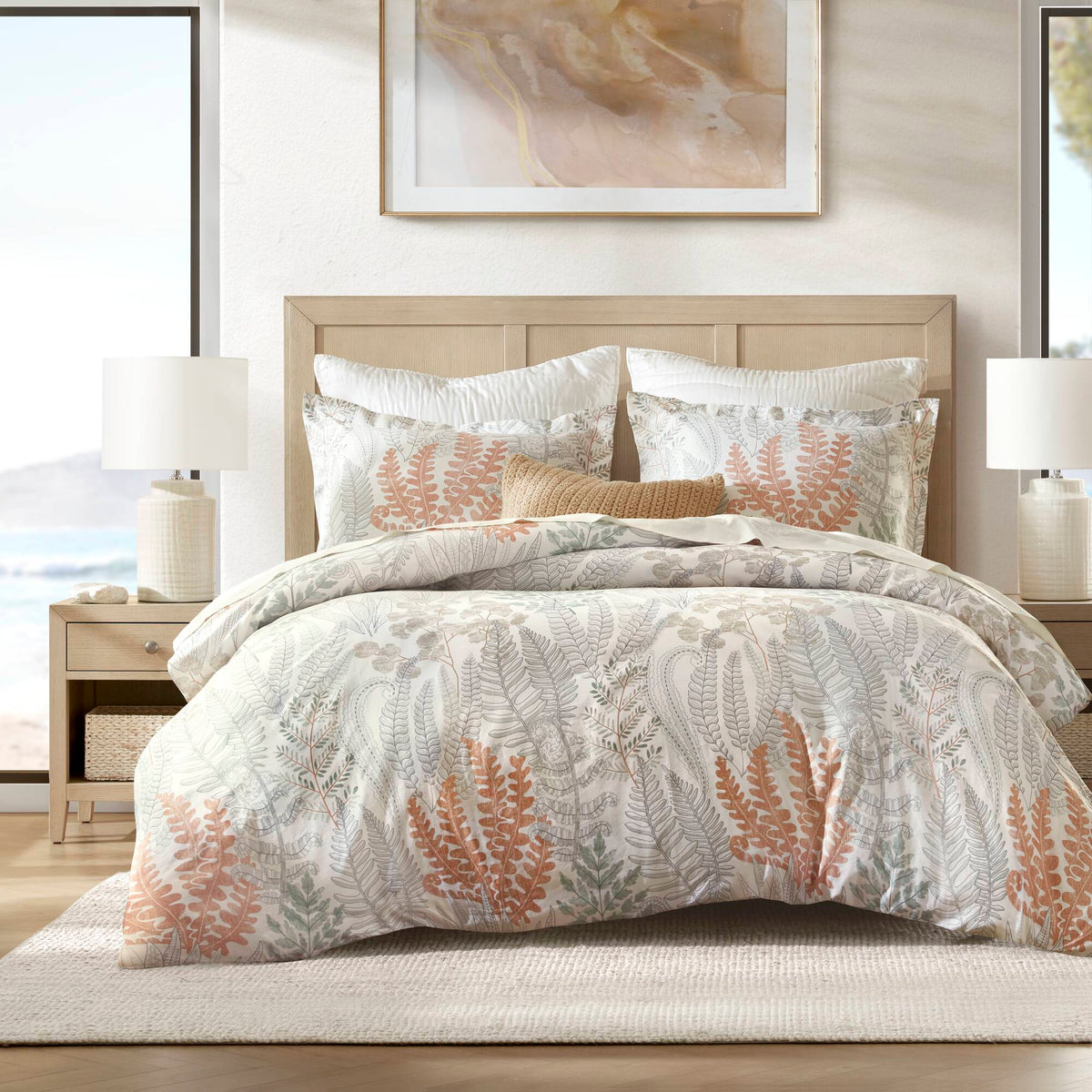 Cotton duvet cover and shams set with botanical leaf print, white with terracotta and gray