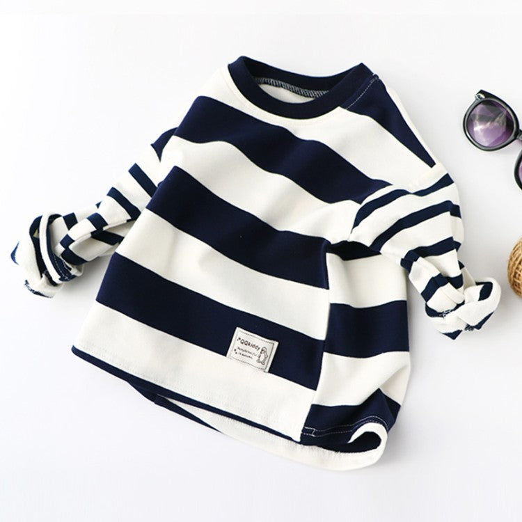 Children's navy-and-white striped pullover sweater with tag detail and ribbed cuffs