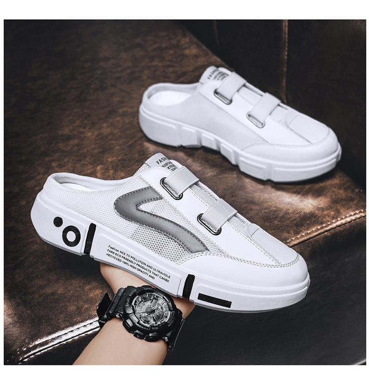 White mesh half slippers, pair view, closed toe, dual buckle straps, chunky sole