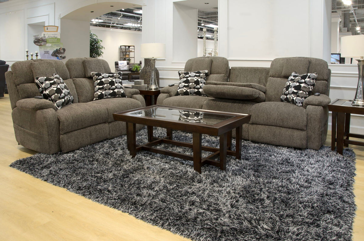 Oasis power reclining loveseat, dark gray fabric with two accent pillows