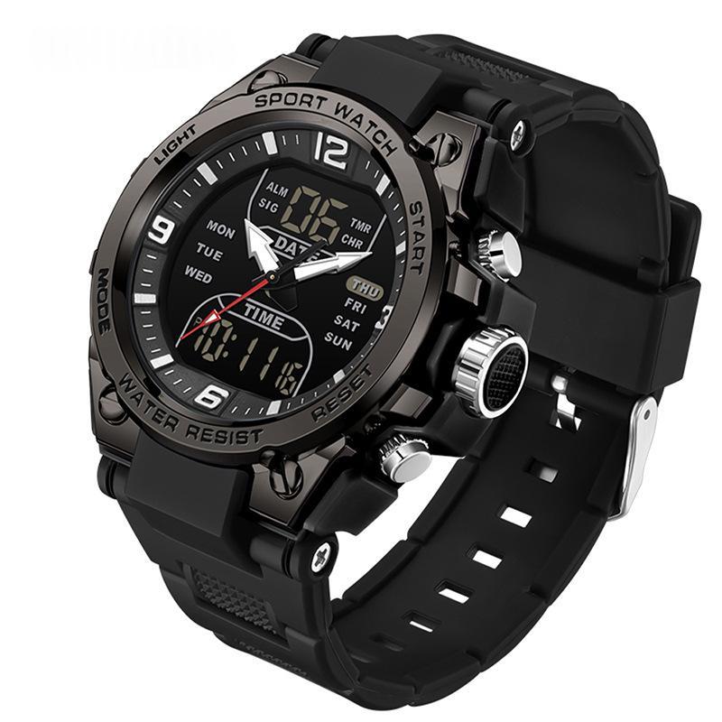 Waterproof dual-display sport watch, black silicone band with rugged side buttons and dial