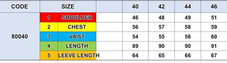 Overcoat size chart with code, size, and measurements for 40 to 46