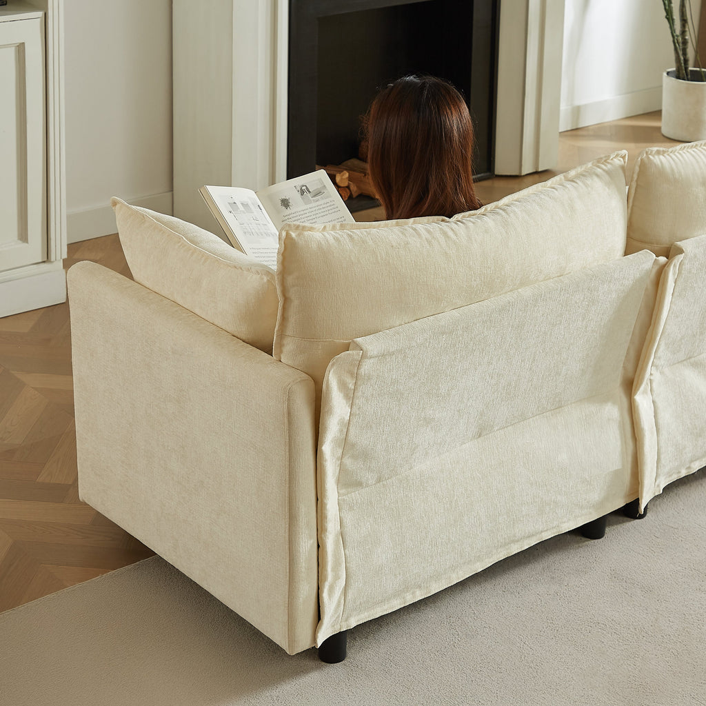 Cream chenille sectional sofa with back cushions and two throw pillows