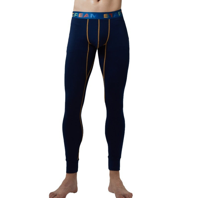 Navy slim-fit trouser with blue waistband text and yellow vertical piping