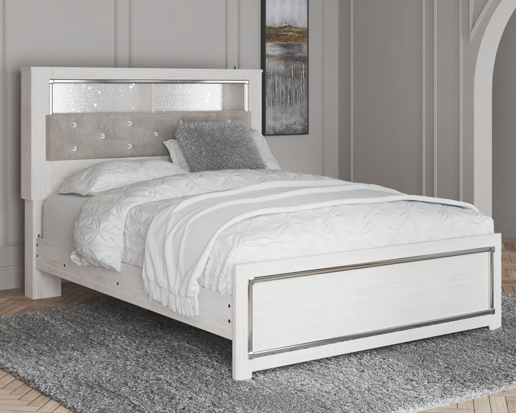 White panel bed with grey upholstered headboard and white bedding
