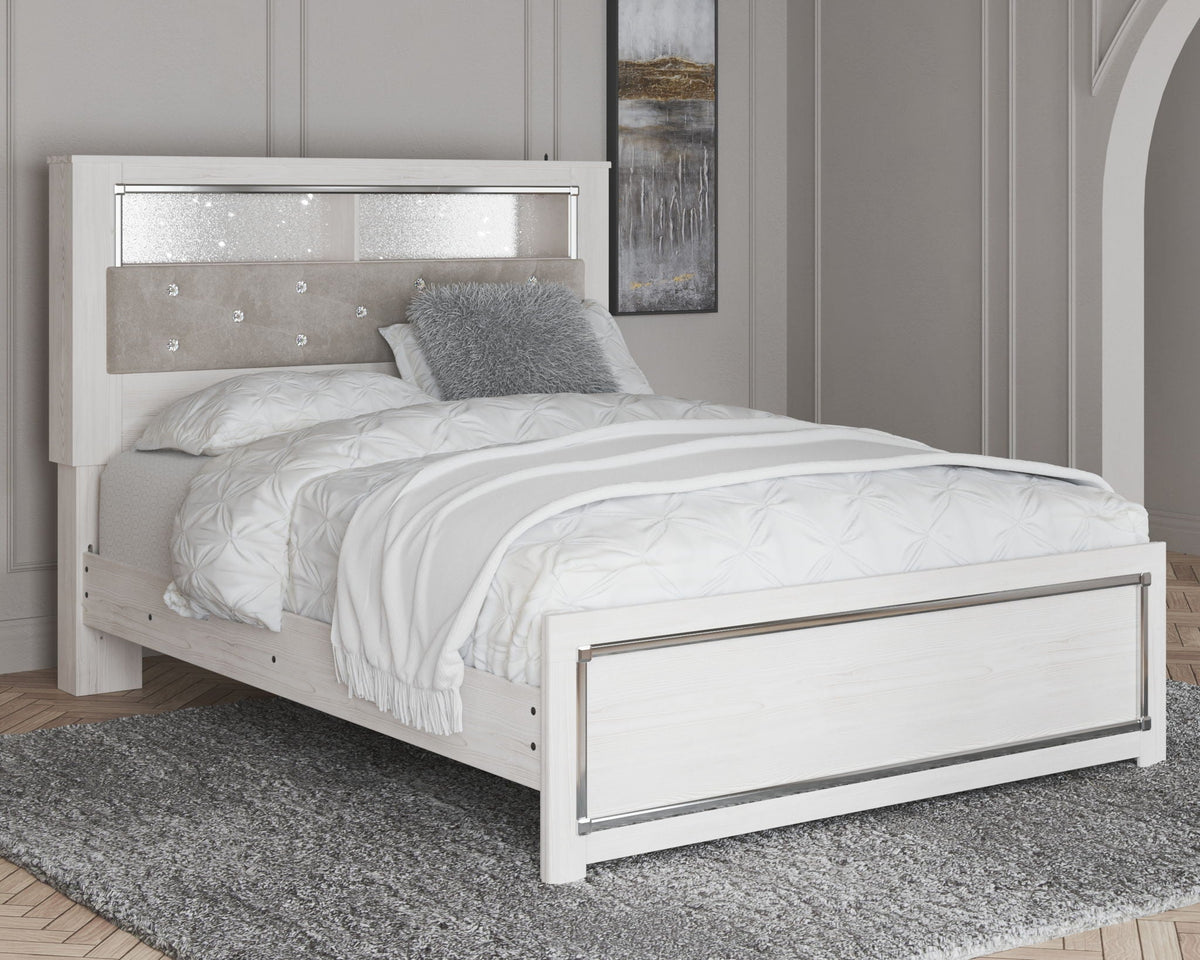 White panel bed with grey upholstered headboard and white bedding