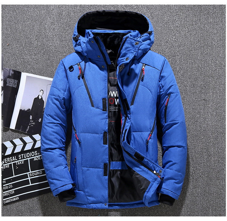 Blue insulated winter coat with hood and zipper front with utility pocket panel