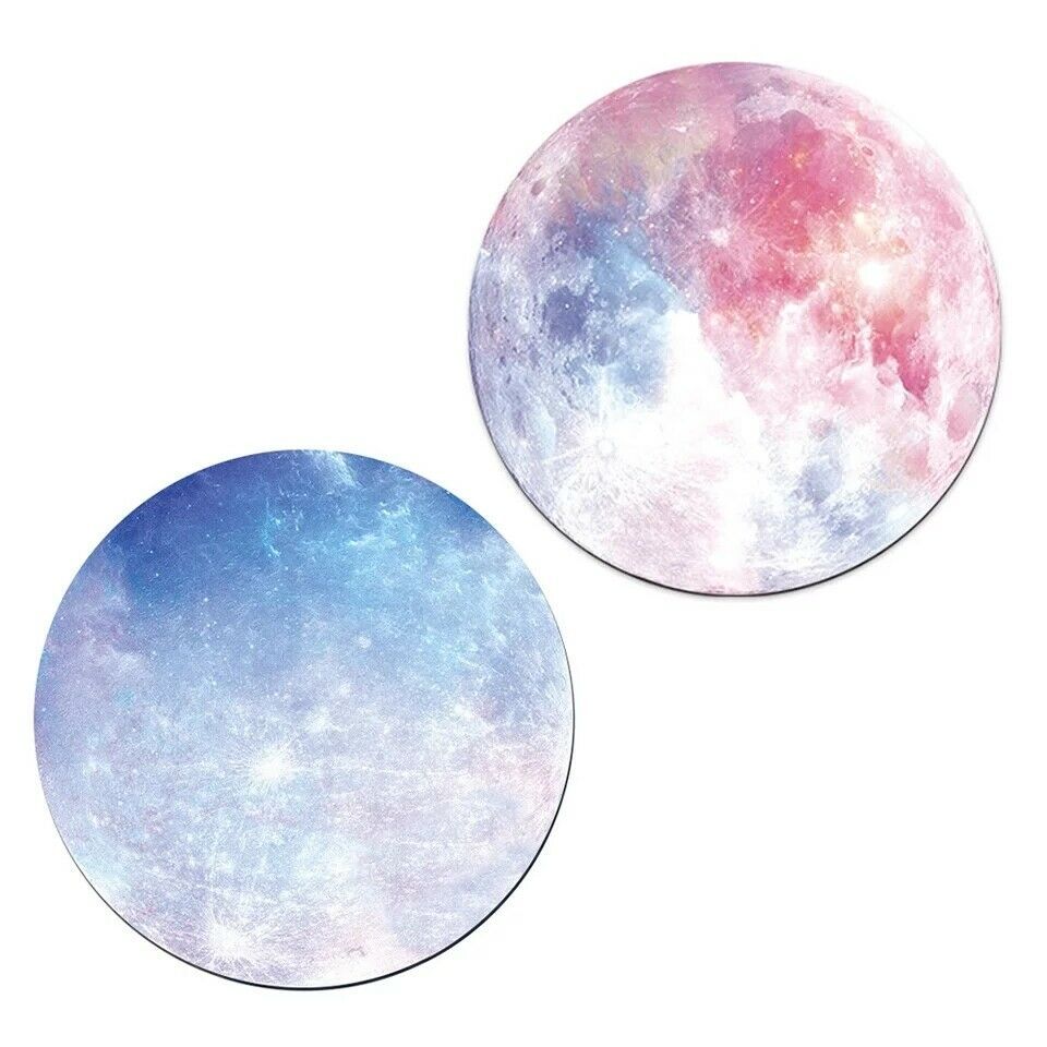 Round galaxy mouse pads set: blue and pink space patterns, viewed from above