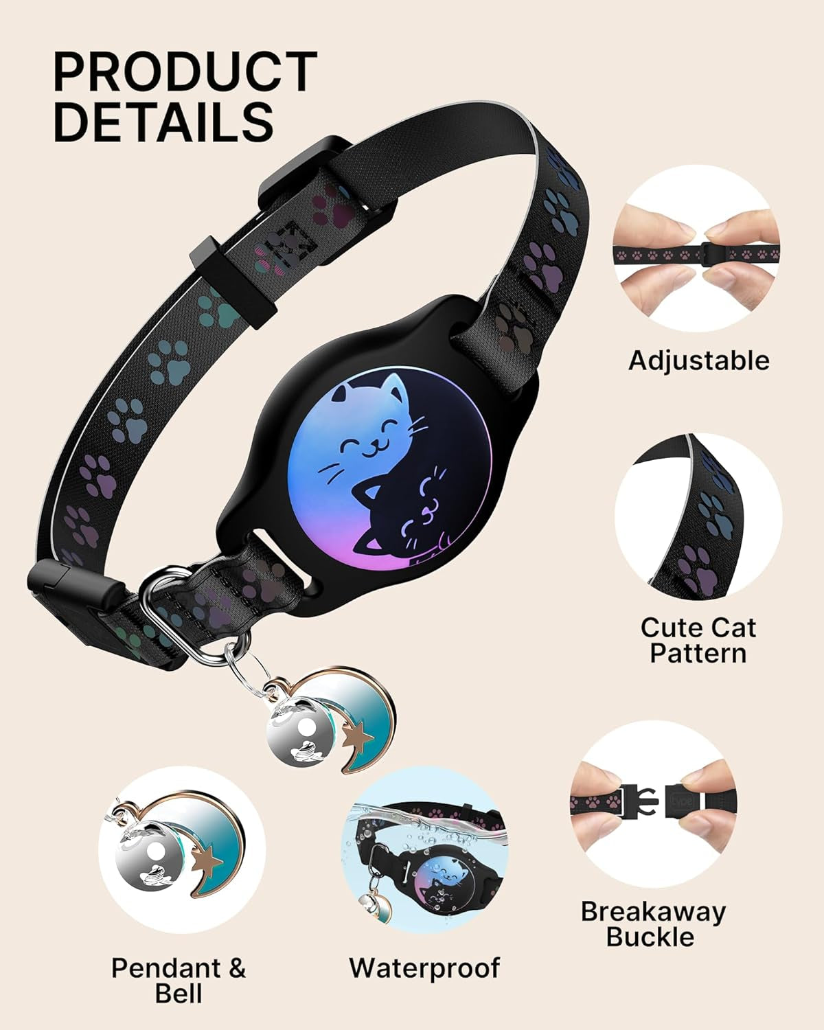 Black adjustable cat collar with cat-print AirTag holder, breakaway buckle, and charm