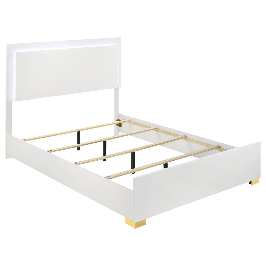 White queen bed frame with headboard, light wood slats, and black support bars
