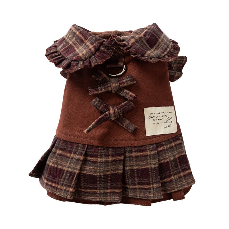 Brown plaid pet sweater dress with ruffle collar, bow, and skirt