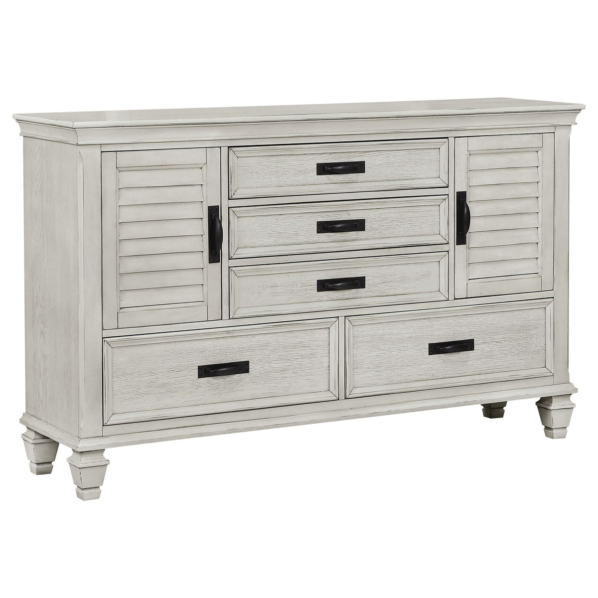 Distressed white bedroom dresser with four drawers and side cabinets