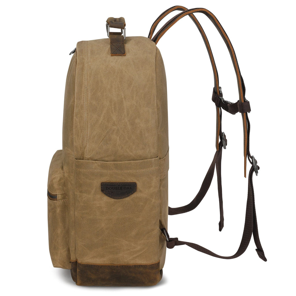 Tan backpack with front logo patch and attached shoulder strap set