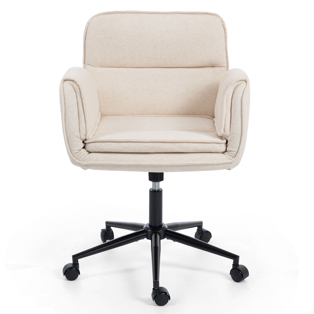 Beige fabric swivel desk chair with padded seat, backrest, armrests, and casters