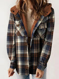 Plaid hooded plush snap jacket in brown and navy with sherpa-style hood trim
