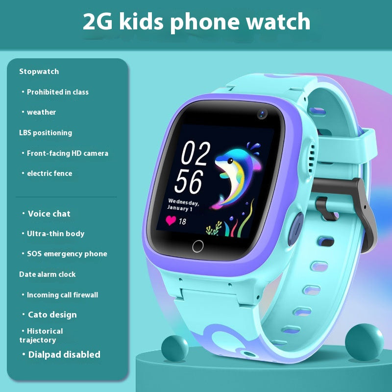 Light-blue children's smart watch with square touch screen and silicone band