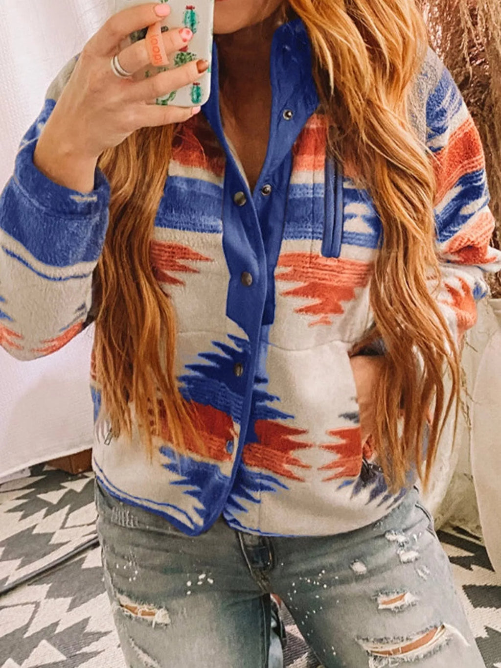 Geometric snap-down jacket blue with multicolor stripe print and dark snap placket