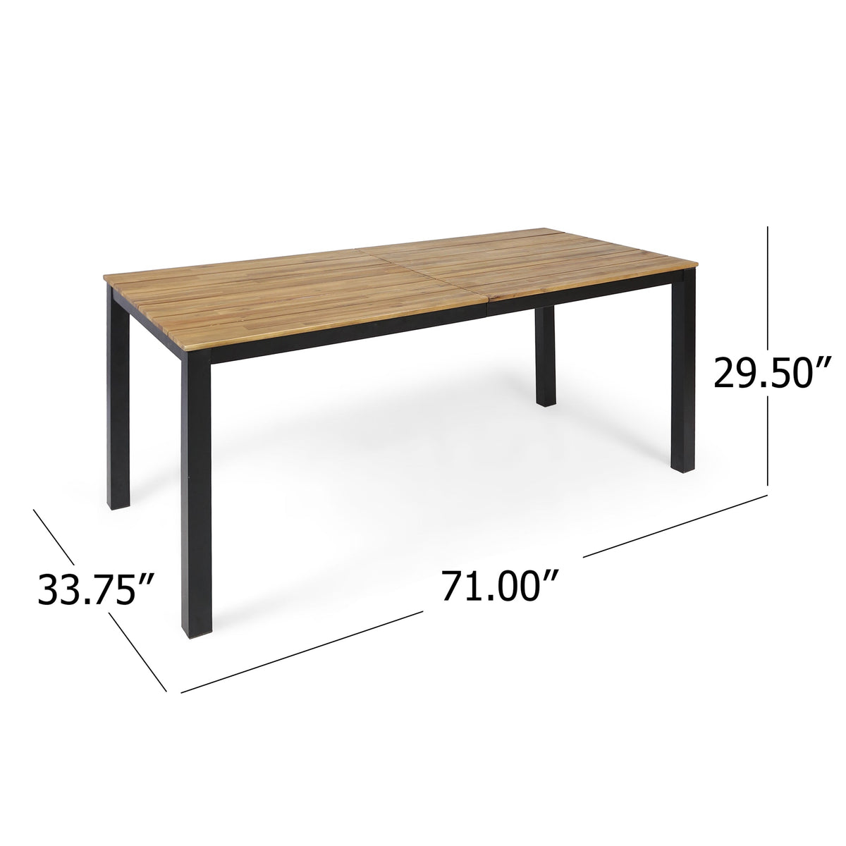 71 in acacia rectangular patio table with dark legs and slatted top, shown with measurements.