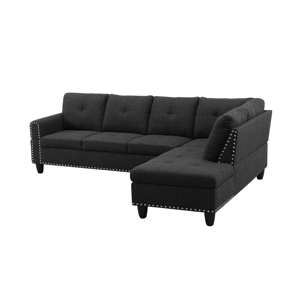 L-shaped sectional sofa with right chaise, dark gray upholstery, and studded trim along edges