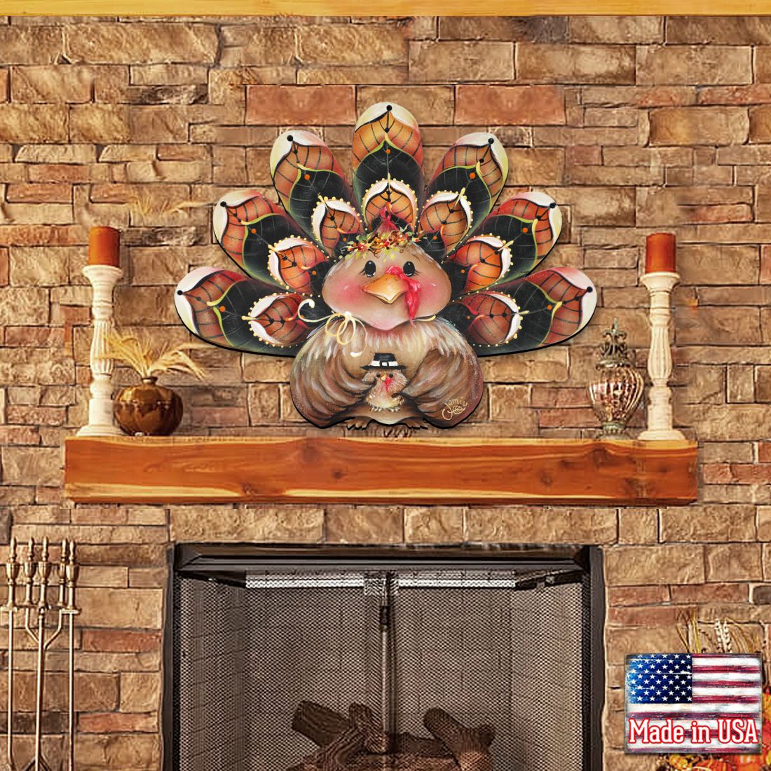 Turkey door hanger decor with orange-and-black feather fan, pink face, and small chest bird