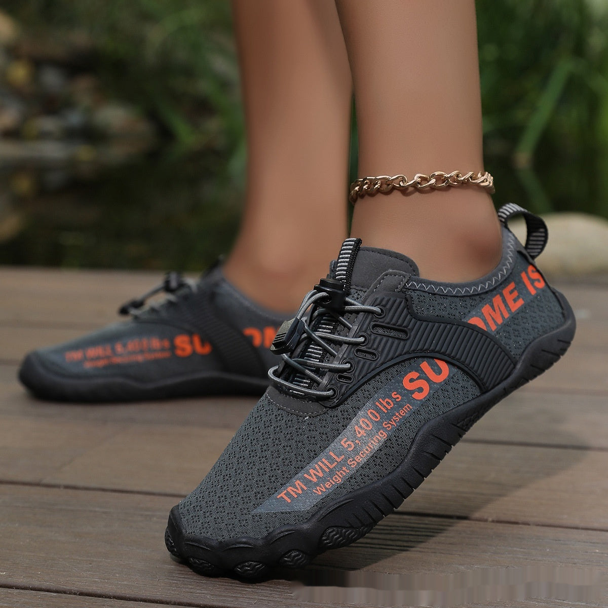 Gray/black lace-up water shoe with thick sole and ankle chain strap