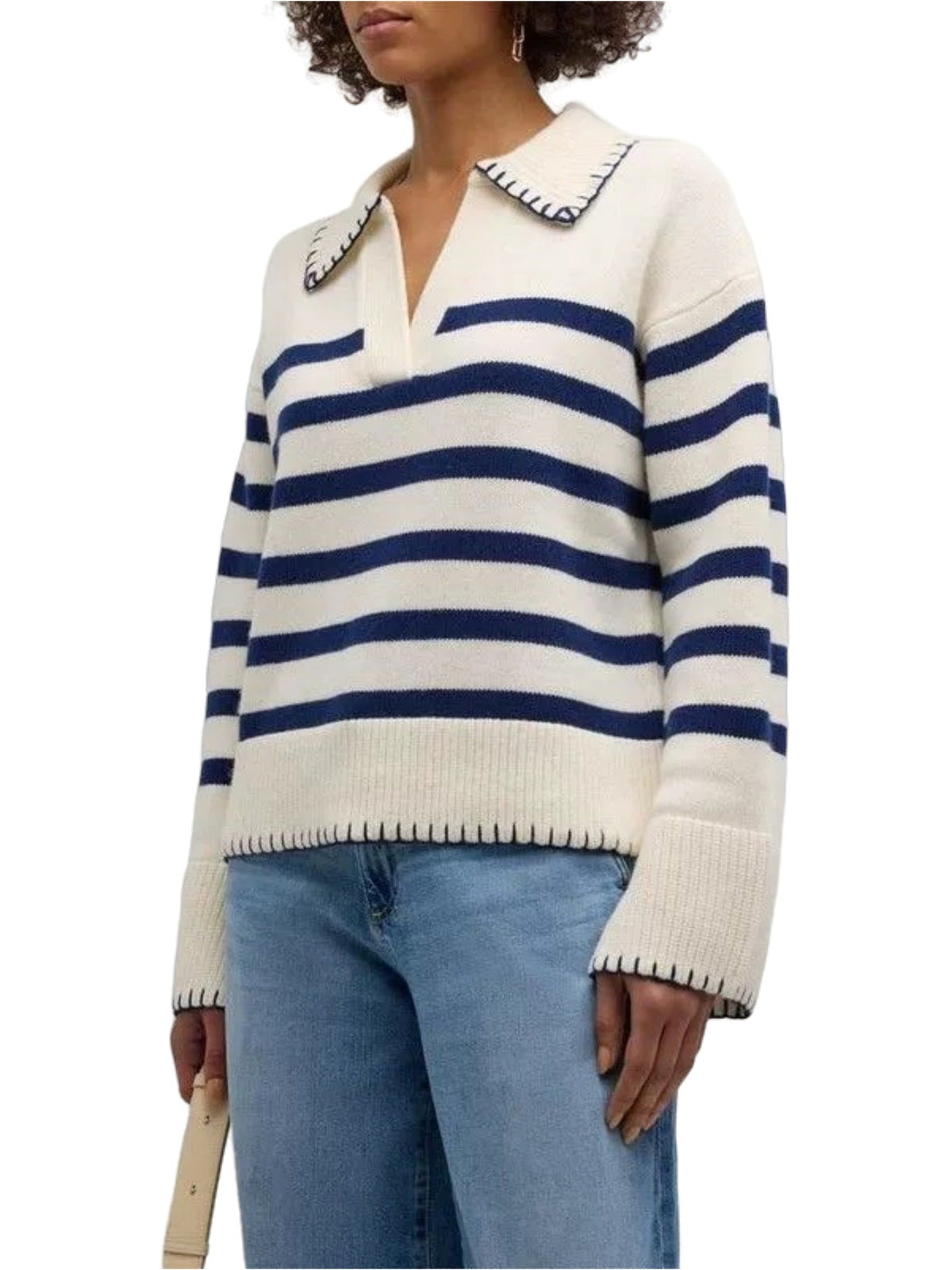 Women’s cream knit polo sweater with navy-and-white horizontal stripes, V-neck collar