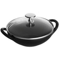 Black enameled cast iron baby wok with glass lid and side handles