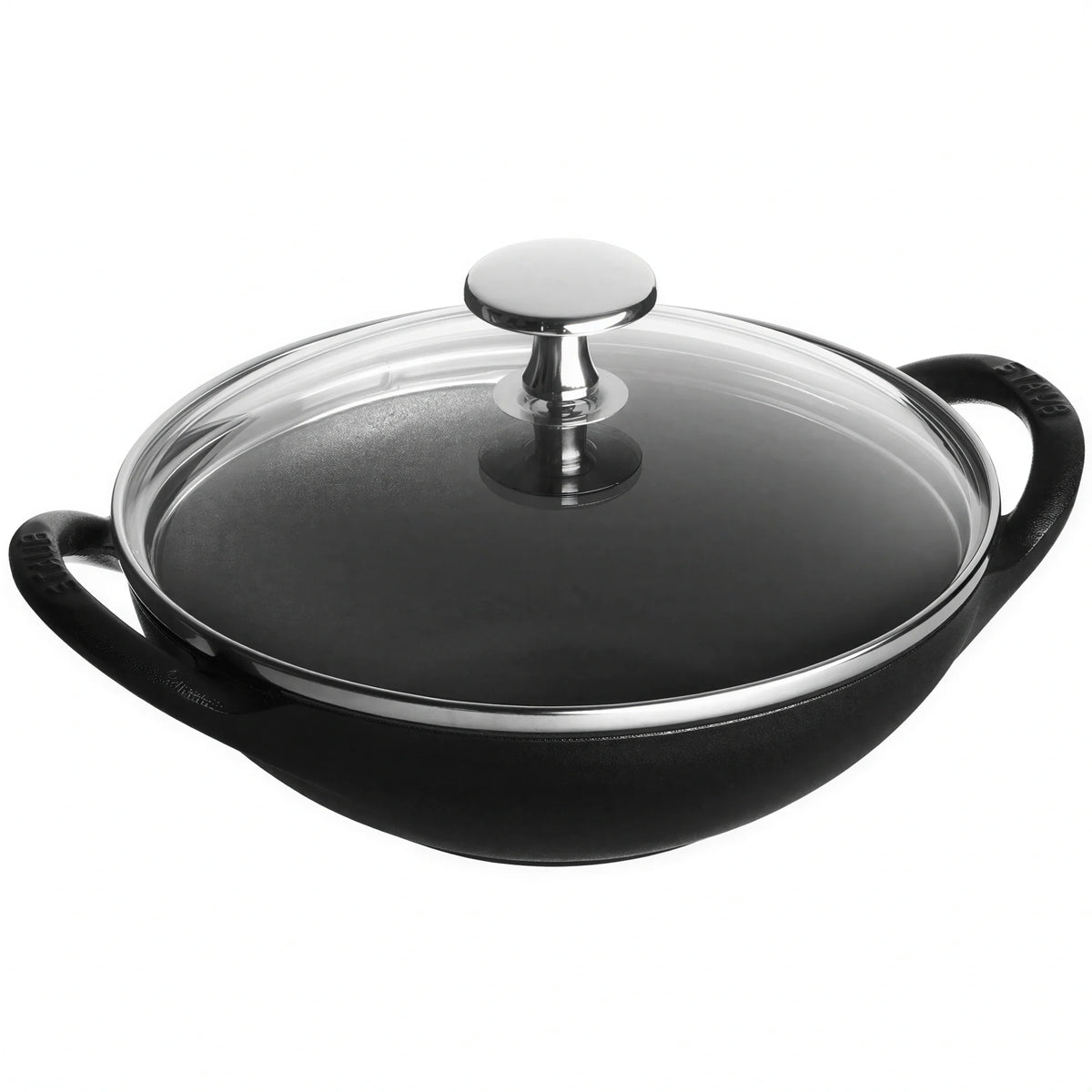 Black enameled cast iron baby wok with glass lid and side handles