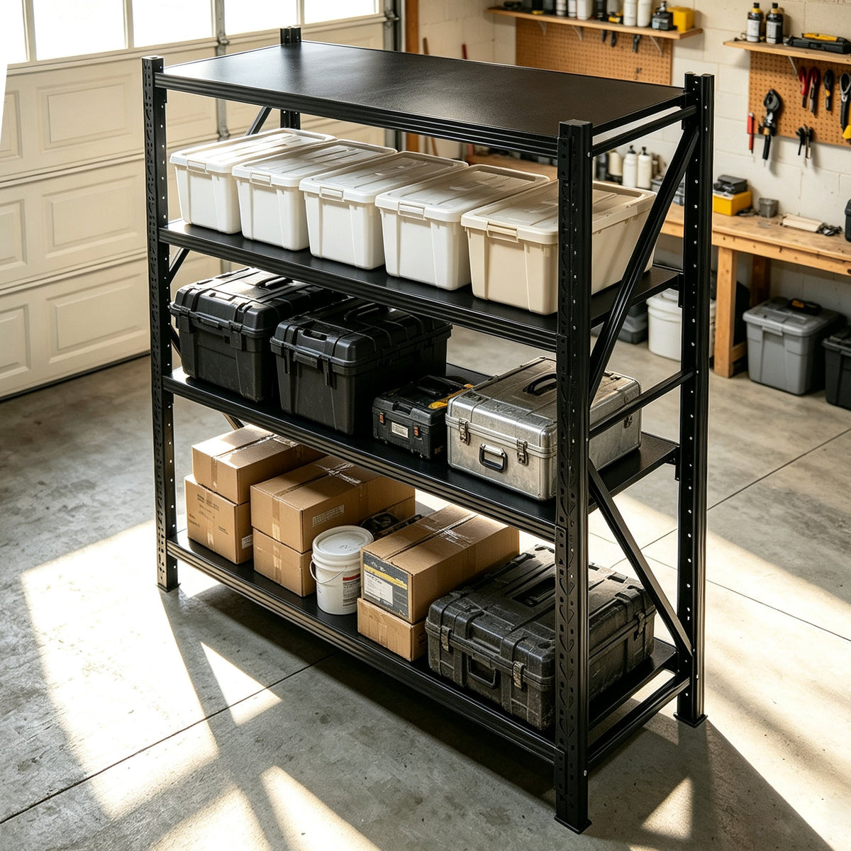 Black four-tier metal shelving rack loaded with bins, tool cases, and boxes