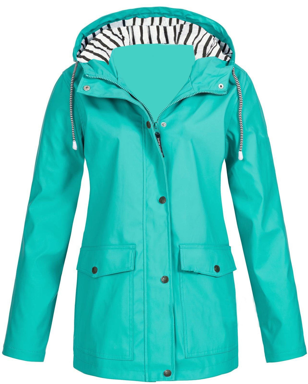 Three-in-one waterproof jacket in teal, zip-front hood with drawstring toggles