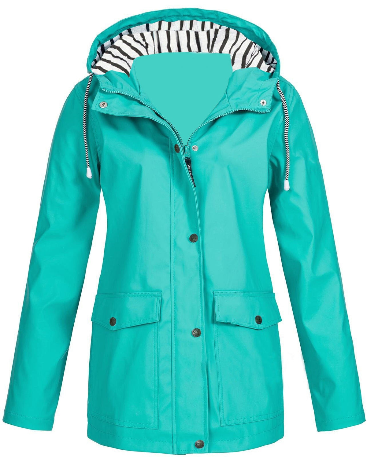 Three-in-one waterproof jacket in teal, zip-front hood with drawstring toggles