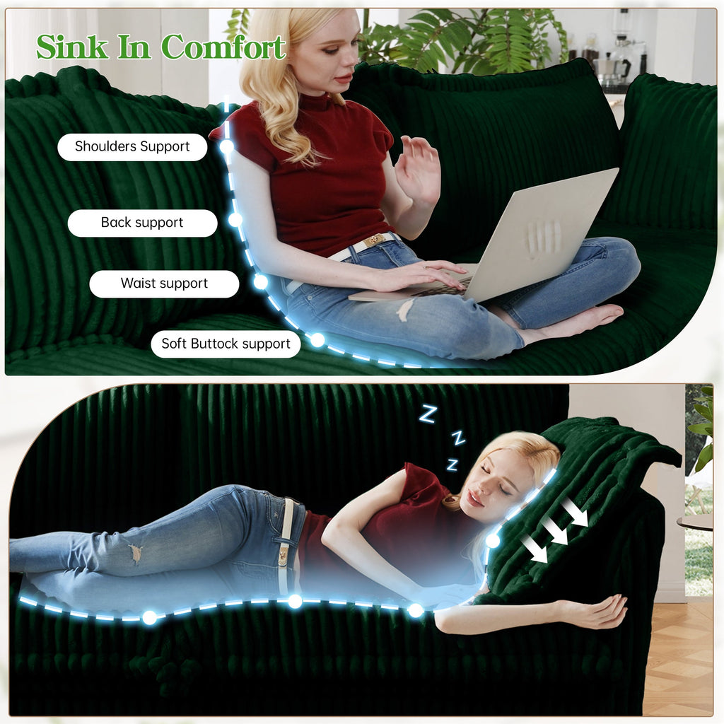 Green ribbed sectional sofa with chaise, person relaxing on the cushioned seats.