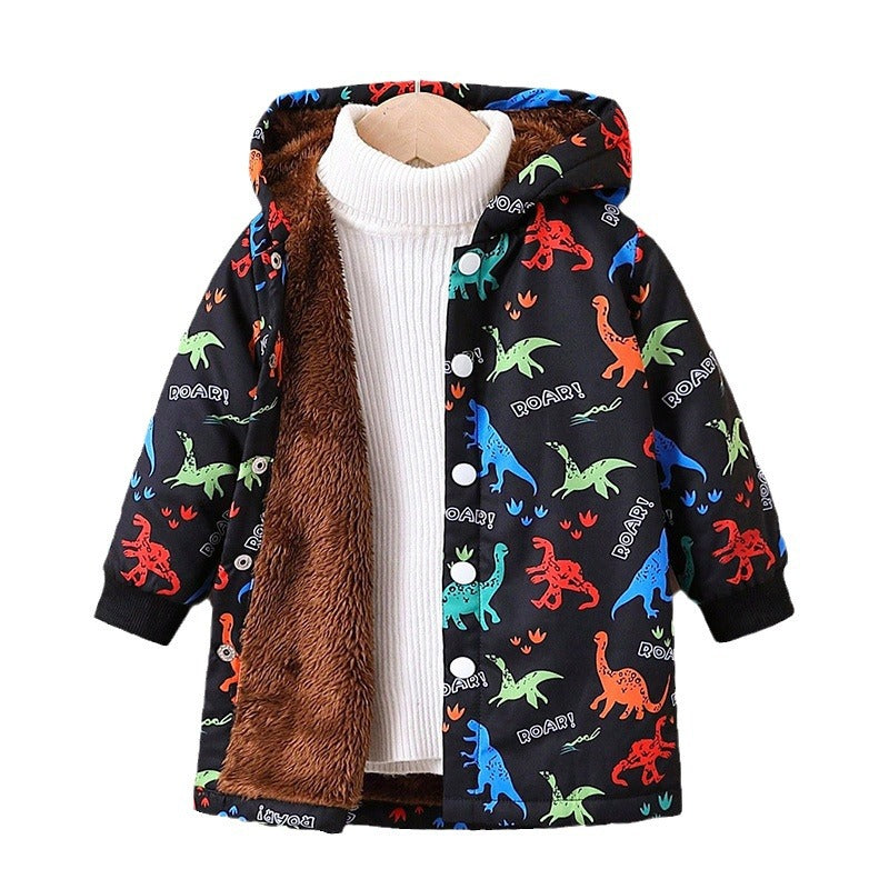 Front view kids dinosaur fleece-lined coat, black with colorful dinosaur print and brown trim
